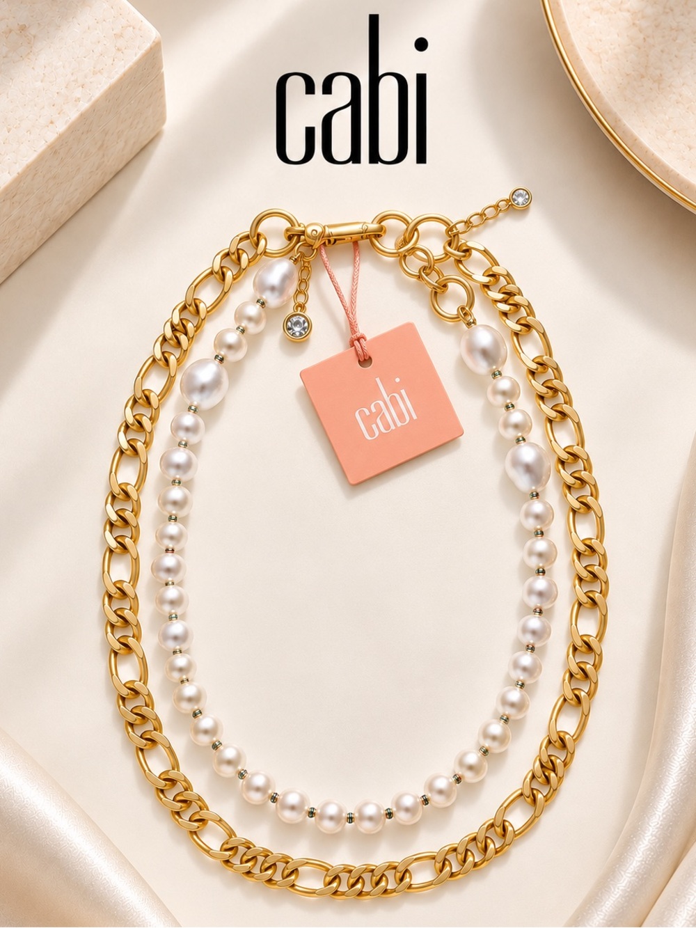 CAbi Wisdom Necklace #2219 Gold Chain Faux Pearl NWT